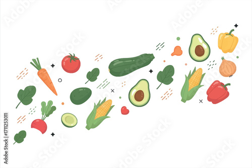 Assorted colorful vegetables and greens scattered on a white background food healthy