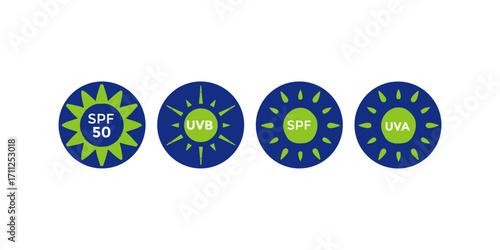 Comprehensive UV protection icon collection vector with solar, radiation, skin care, sunblock symbols ideal for product labels, digital graphics, safety signs and medical visuals