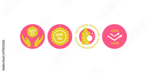Extensive UV protection icon set including UV radiation symbols, sunscreen SPF, skincare elements and sun defense pictograms in vector format for health, cosmetic and safety visuals