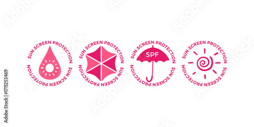 Vector UV protection stamp label collection with sun, SPF, and skin care protection icons for branding, packaging design, and medical or cosmetic product safety labeling