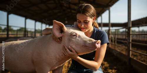 Caring young woman hugging a large pig on a farm. Female farmer showing compassion for livestock. Animal husbandry and agriculture concept.