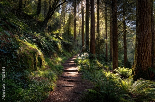 Sunlight filters through a path winding through a lush forest with tall trees and vibrant ferns on a sloping hill