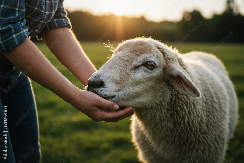 Obraz premium Farmer's hands gently holding a sheep's head on a rural farm. Human and animal connection in a pasture at sunset. Agriculture and animal care concept.