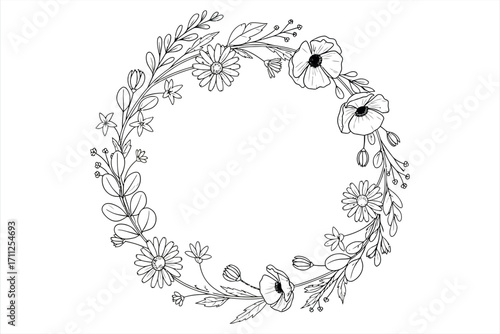 Black and white floral wreath with daisies and poppies outline illustration