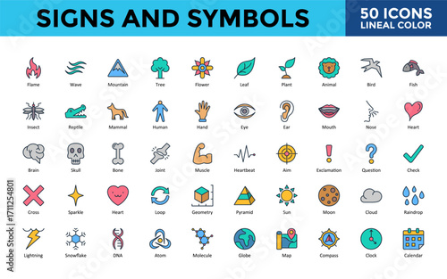Signs and Symbols icons set with flame, wave, mountain, tree, flower, leaf, plant, animal, bird, fish icon. Simple lineal color vector illustration 
