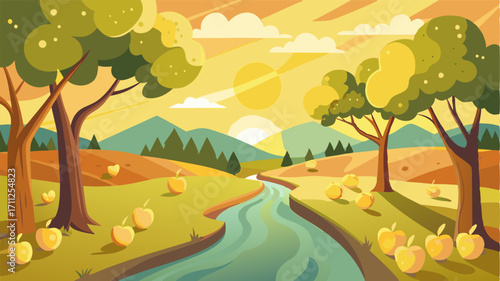 A tranquil scene of a rural orchard with golden sunlight filtering through the leaves of pear trees and a babbling brook running through the center.