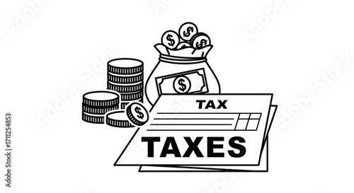 Illustration of tax forms, coins, and a money bag, symbolizing financial obligations and the concept of taxes, isolated on white background