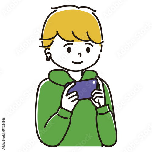 ワイヤレスイヤホンをつけてスマホでゲームをする男性のイラスト