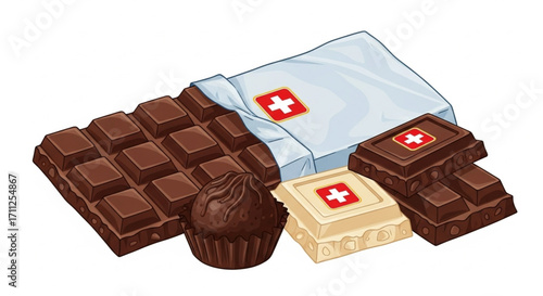 Assortment of swiss chocolate bars and a cupcake with swiss cross emblems, isolated on white background