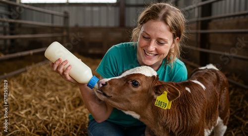 Smiling woman bottle-feeding a young calf in a barn. Farmer caring for livestock on a dairy farm. Agriculture and animal husbandry concept.