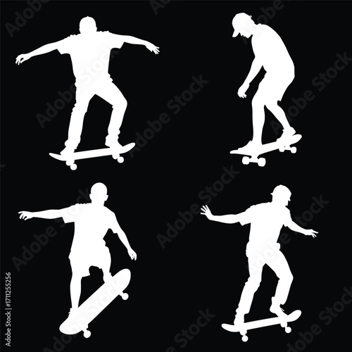 Skateboarding Silhouette: Dynamic skateboarding poses rendered in striking monochrome against a contrasting dark backdrop, showcasing athleticism and urban culture.