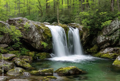Scenic waterfall cascades over mossy rocks into a tranquil pool in a lush, verdant forest with vibrant green foliage above