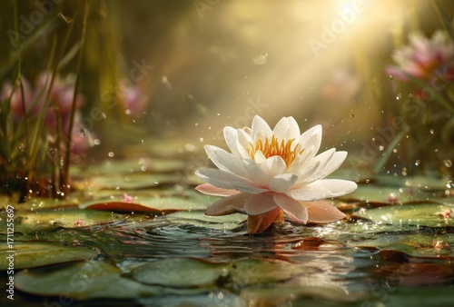 A serene water lily blooms in tranquil water, bathed in golden sunlight, surrounded by lush greenery, creating a peaceful, ethereal scene