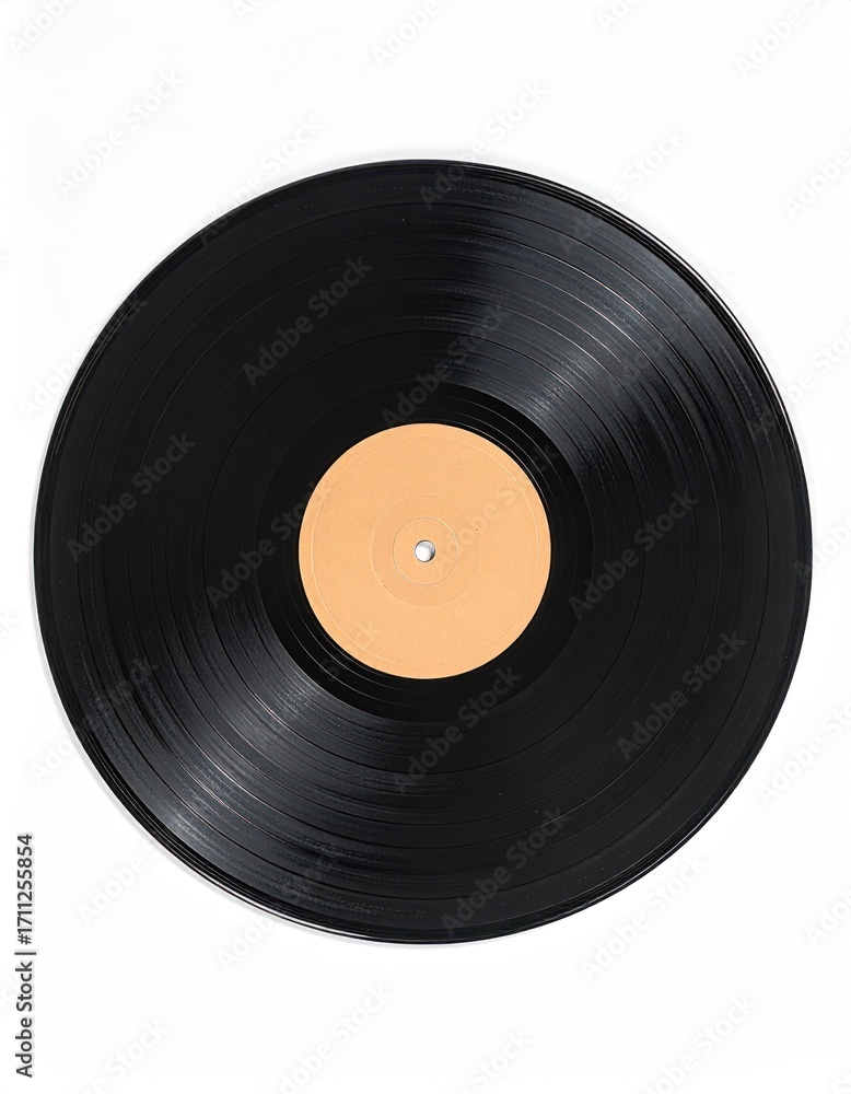 Obraz premium Overhead view of a round black vinyl record, with a beige label in the center, on a stark white background