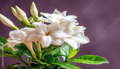 Close-up of a cluster of white flowers with buds and foliage against a purple backdrop