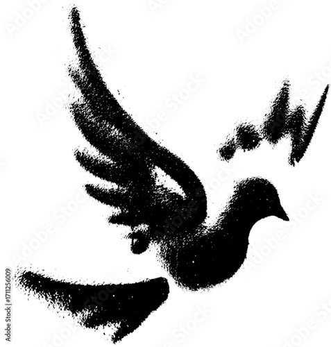 Bird Spray Stencil, Black spray paint stencil of flying bird with wings spread, grunge vector illustration isolated on background