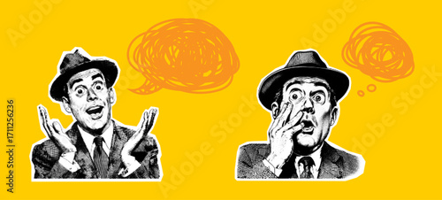 Man Collage Halftone effect, Retro collage of expressive man portraits with comic emotion faces on yellow background, vector illustration isolated