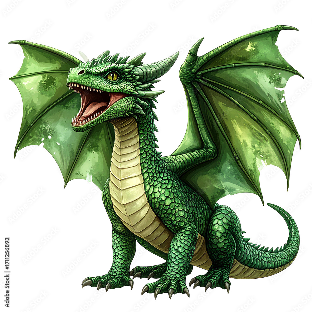 Obraz premium Majestic Green Dragon Isolated On White Background: A detailed illustration of a vibrant green dragon, with open mouth and spread wings, a symbol of power, fantasy, and wonder. 