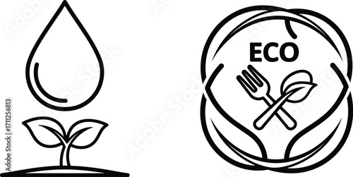 Eco food and water conservation concept with plant and drop