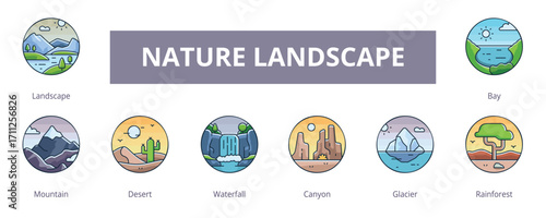 Nature Landscape Lineal Color Banner Web Icon Set Vector Illustration, Landscape Mountain Desert Waterfall Canyon Glacier Rainforest Baya