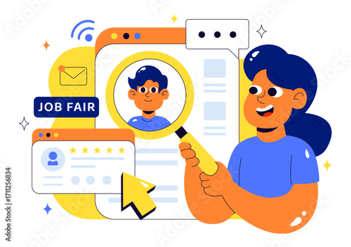 Online Job Fair Vector Illustration featuring We Are Hiring with Recruitment, Resume Selection Process, and Agency Interview in a Flat Background