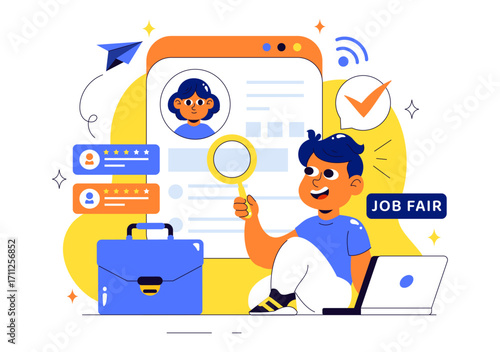 Online Job Fair Vector Illustration featuring We Are Hiring with Recruitment, Resume Selection Process, and Agency Interview in a Flat Background