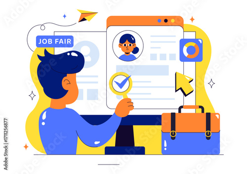 Online Job Fair Vector Illustration featuring We Are Hiring with Recruitment, Resume Selection Process, and Agency Interview in a Flat Background