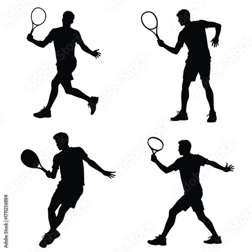 Tennis Silhouette in Action: Dynamic silhouettes of a tennis player showcasing agility, precision, and power in various stages of a match. A captivating display of athleticism and sportsmanship.