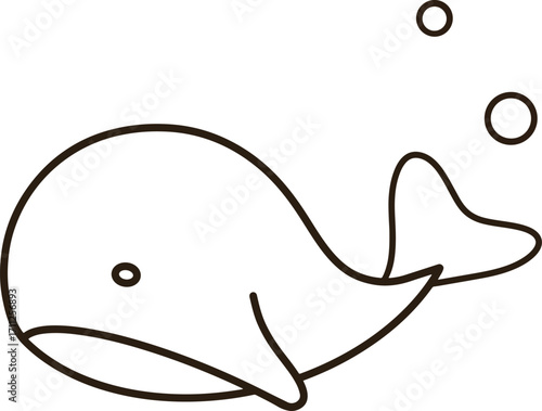 A cute black line cartoon whale is swimming in the ocean.