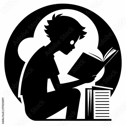 La silhouette noire d'un homme d'affaires est assise au bureau pour une lecture sur son ordinateur, son profil mis en évidence par l'illustration