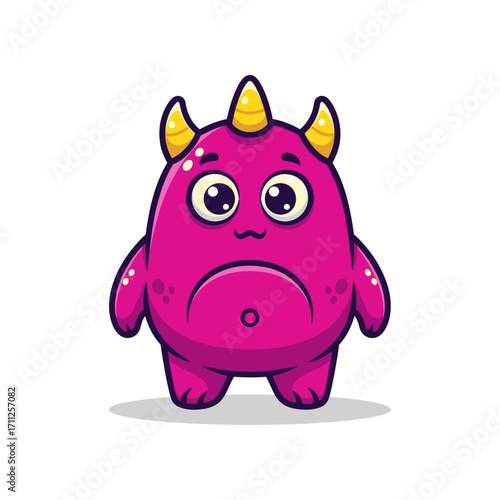 Adorable Sad Pink Cartoon Monster with Yellow Horns and Big Eyes.