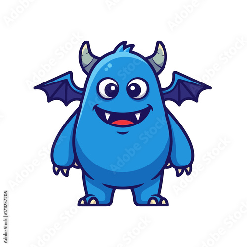 Chubby blue cartoon monster with gray horns, bat-like wings, and a cheerful toothy smile.