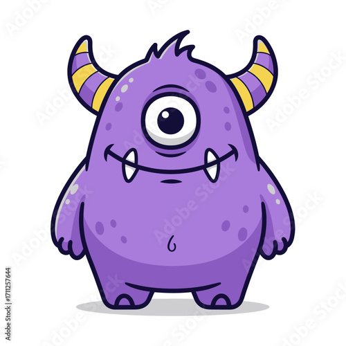 A cute, chubby purple cyclops monster with yellow striped horns and a friendly, fanged smile.