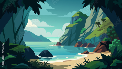 Framed by lush vegetation and rocky cliffs this secluded cove offers a peaceful and secluded escape from the outside world.