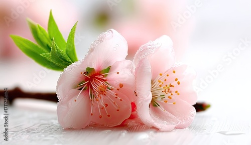 Delicate pink blossoms with water droplets on a light surface