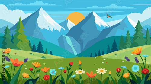 A serene landscape of tranquil meadows surrounded by majestic mountains covered in vibrant wildflowers and buzzing with the sound of chirping birds and buzzing insects.