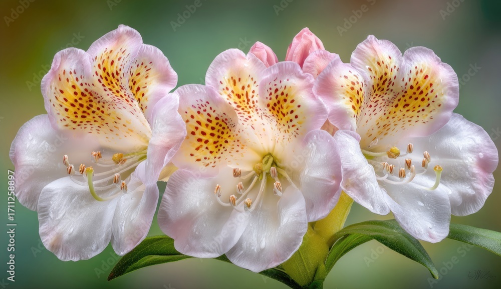 Obraz premium Close-up of three pale pink azaleas with speckled gold centers against a blurred green-brown background