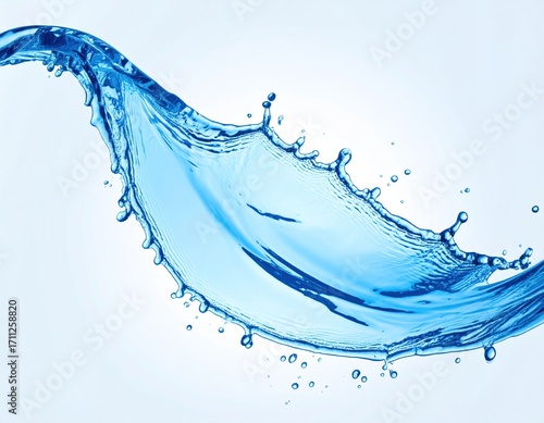 A curving splash of clear water is captured mid-air against a light blue backdrop, showcasing its movement and form with transparent details