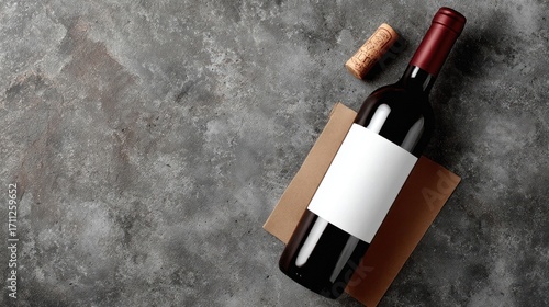 Topdown view of red wine bottle with blank label and cork on textured surface, perfect for showcasing your brand or vintage collection
