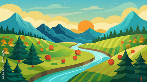 A tranquil valley with a tranquil river winding through surrounded by bountiful orchards and serene pastures.