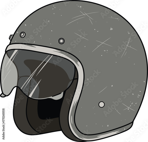 Detailed Gray Motorcycle Helmet with Scratches and Clear Visor.