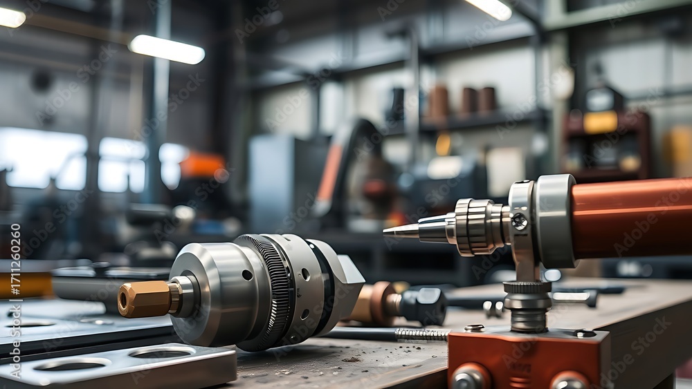 Fototapeta premium Close-up of precision tools in an industrial workshop, showcasing detailed craftsmanship under focused lighting.