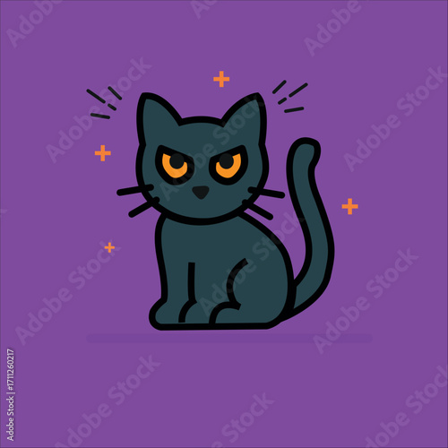 Angry cartoon cat in black on purple background. Suitable for halloween decorations, childrens products, and petrelated designs.
