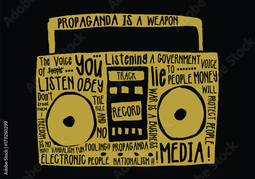 Gold Propaganda Radio Illustration with Anti-Establishment Messages and Text.