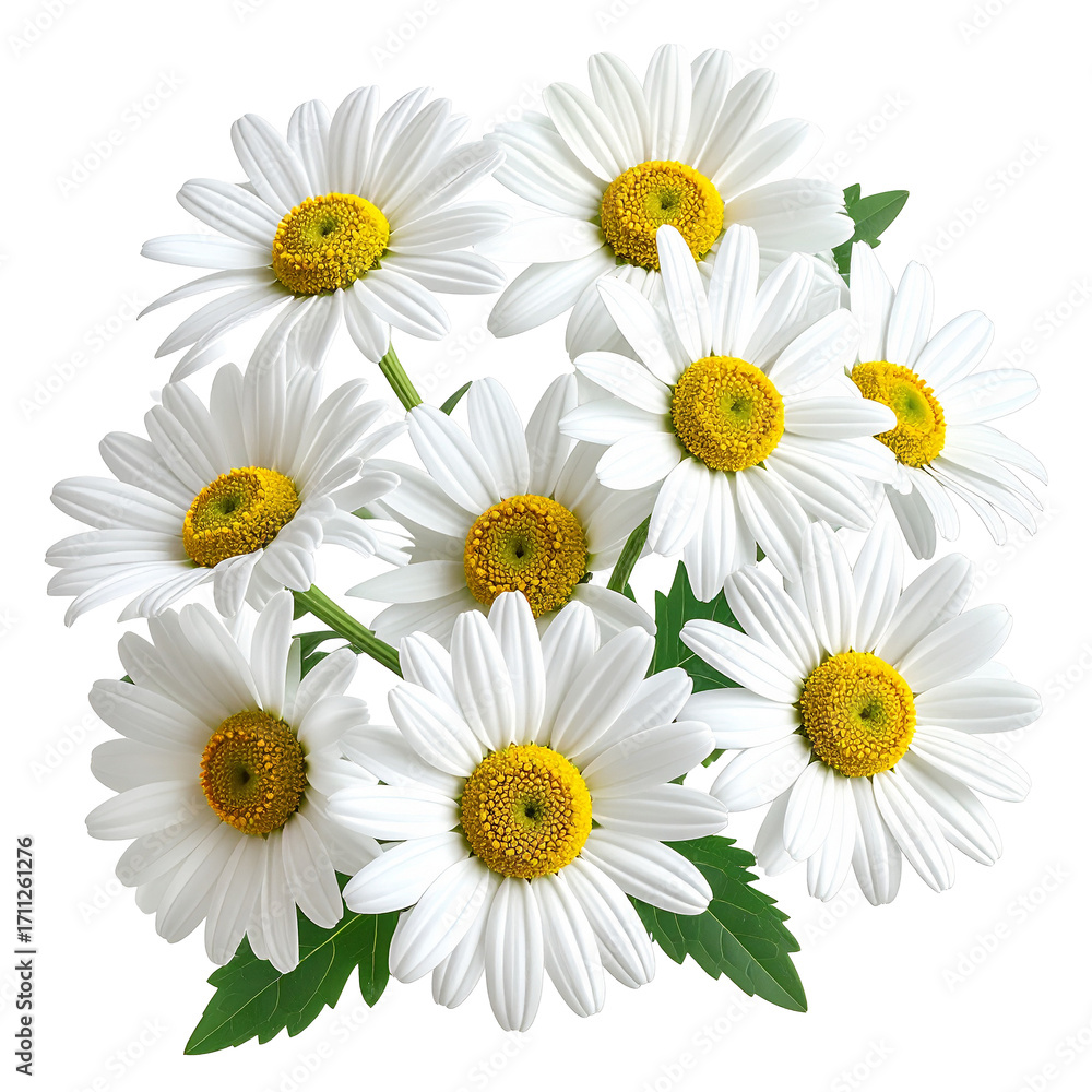 Fototapeta premium Bouquet of Chamomile Isolated On White Background: A vibrant arrangement of chamomile flowers, their pure white petals radiating outwards from bright yellow centers, creates a stunning visual display.