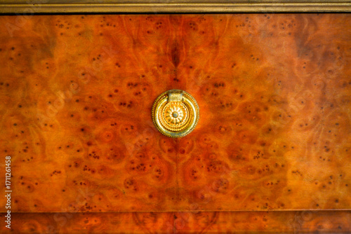 Luxurious Burl Walnut Veneer with Decorative Gold Pull.