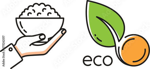 Eco food and rice bowls, promoting healthy and sustainable eating habits