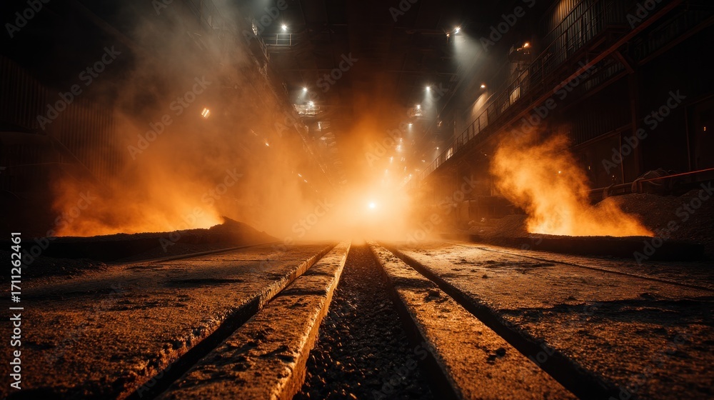 Naklejka premium Steelworks Interior with Molten Metal and Steam, Industrial Photography