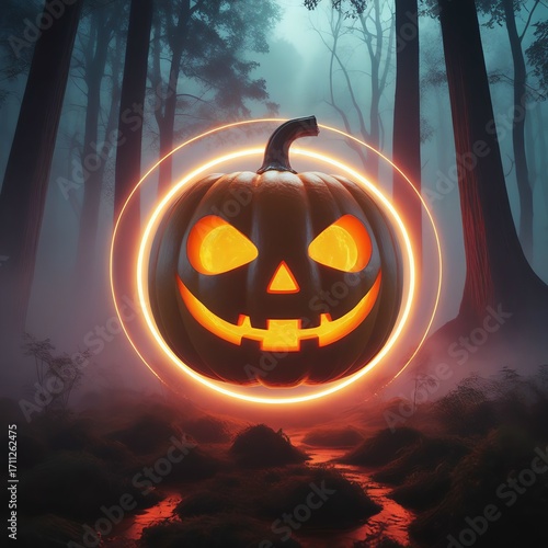 Spooky glowing jack-o'-lantern floating in a misty forest for Halloween celebrations
