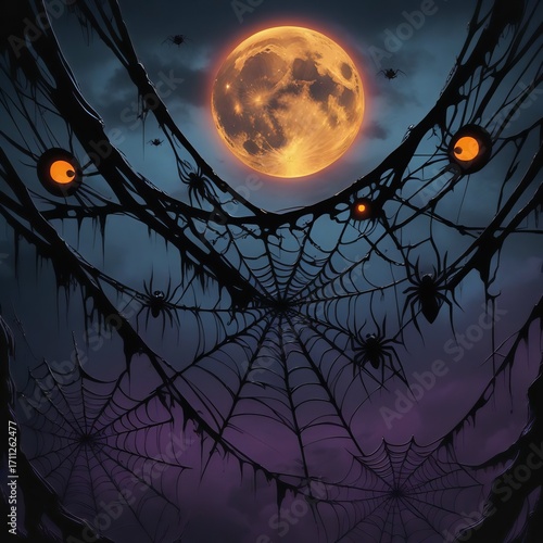 Spooky Halloween night with glowing full moon, spiderwebs, and spiders crawling around
